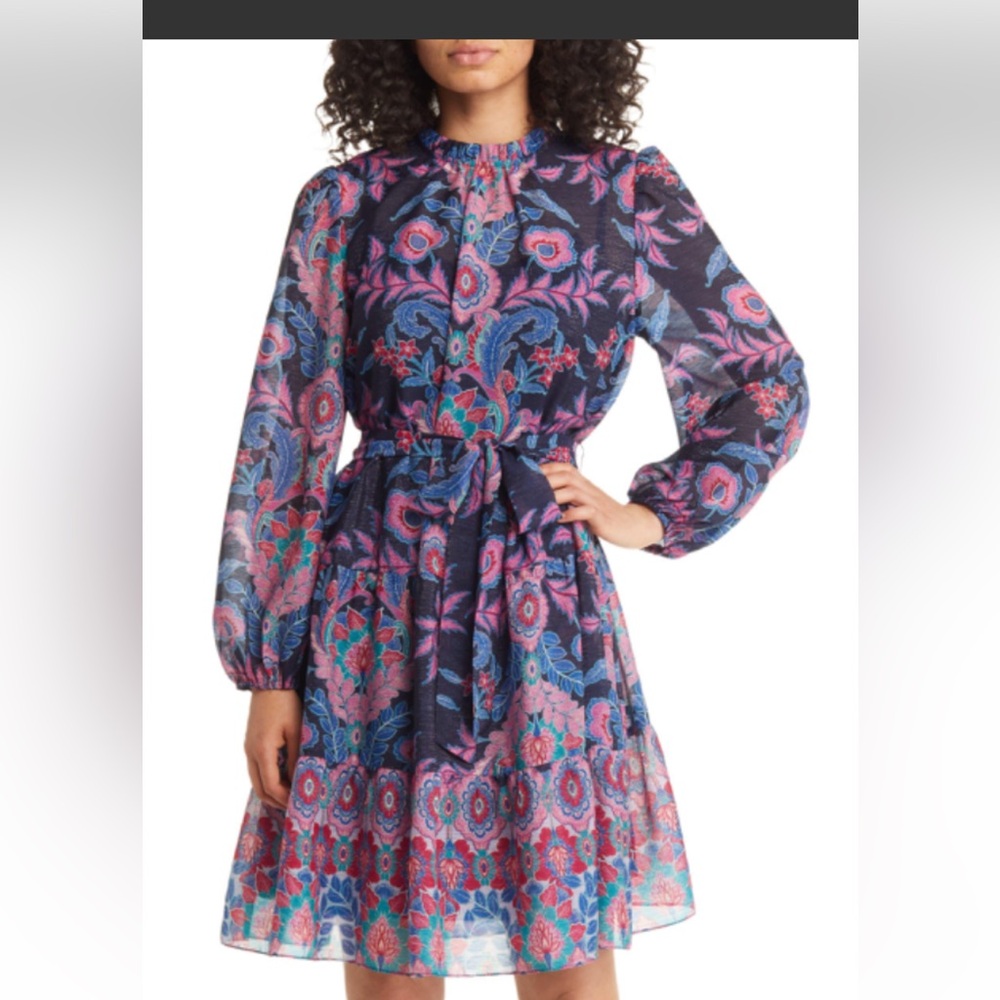 Julia Jordan Metallic Floral Tie Waist Ruffle Neck Dress, size 2